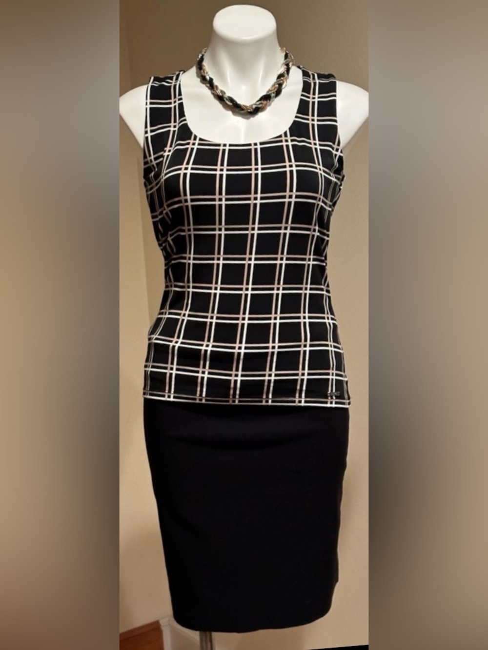Calvin Klein Black Tan & White Stripes Sleeveless SZ  S/CH/P Stretchy Material